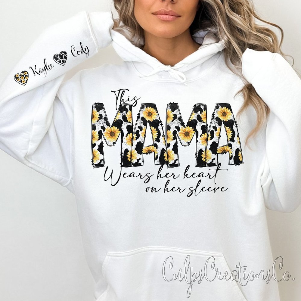This MAMA wears her heart on her sleeve sunflower cowhide personalized hoodie